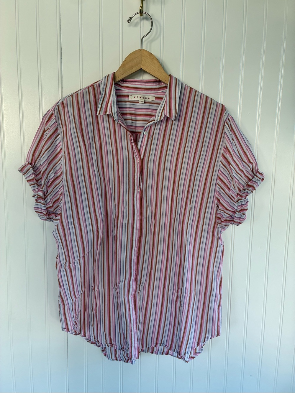 Xirena Striped Button-Front Short Sleeve Shirt